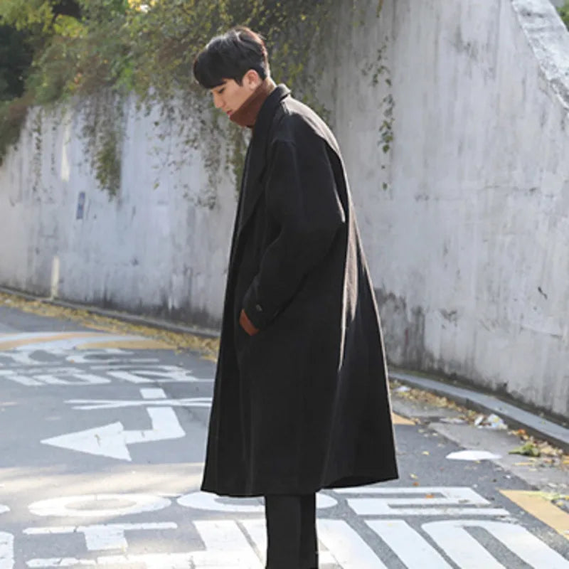 Simple Men's Woolen Overcoats Solid Color Turn-down Collar Casual Tops Overknee Single Breasted Loose Male Trench 9C8989