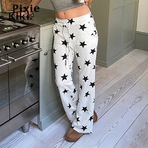 Load image into Gallery viewer, Women Pants Y2k 2000s Star Print White Drawstring Wide Leg Pants Fall 2024 Casual Baggy Trousers P84-CE50
