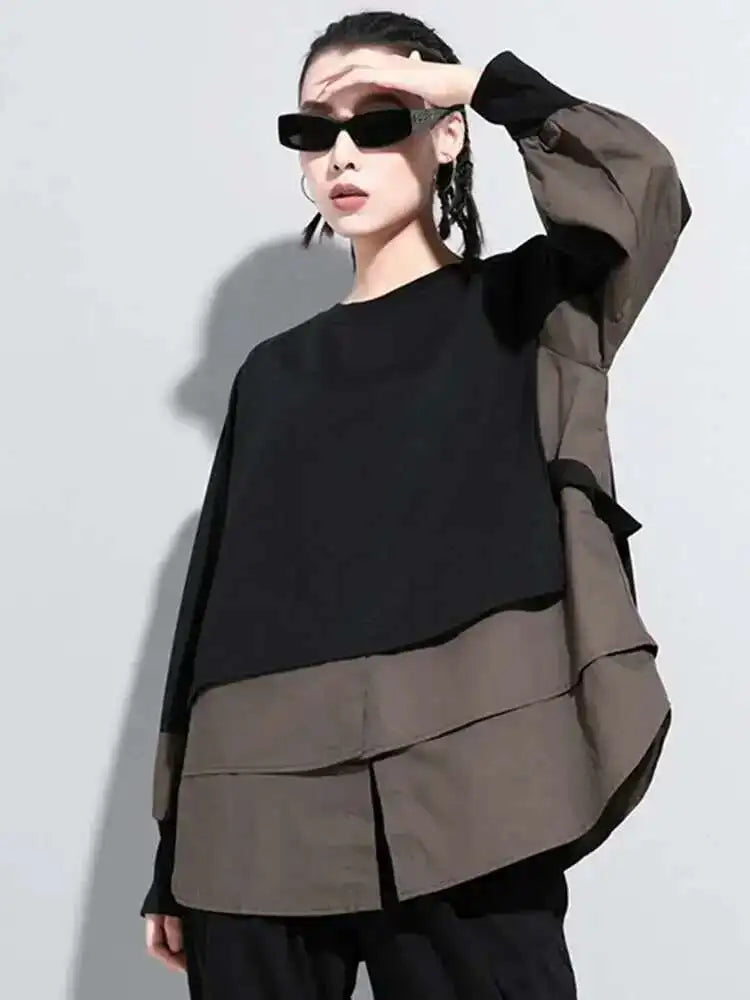 Women Contrast Color Split Joint Big Size T-shirt New Round Neck Long Sleeve  Fashion Tide  Spring Autumn 2025 1DC538