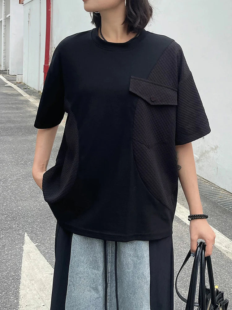 Women Black Splice Color-block Big Size Casual T-shirt New Round Neck Short Sleeve Fashion Tide Spring Summer 2025 1DJ0603