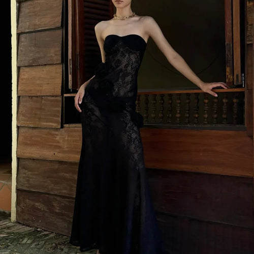 Load image into Gallery viewer, Elegant Lace Patchwork Bodycon Party Evening Dress Women Sexy Strapless 3D Flower Slim Backless Dress Autumn/winter 2025
