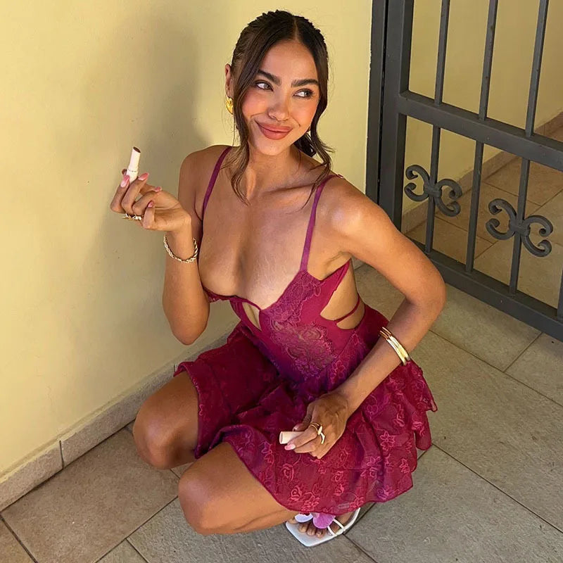 Lace Spaghetti Strap Sexy Mini Dress For Women Fashion Hollow Out Sleeveless Backless High Waist Ruffled Dress Elegant