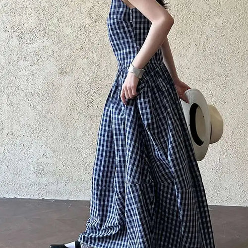 Load image into Gallery viewer, Women Dark Blue Plaid Pocket Vintage Long Elegant Vest Dress New V-Neck Sleeveless Fashion Tide Spring Summer 2025 1DJ0667
