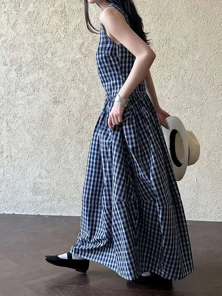 Women Dark Blue Plaid Pocket Vintage Long Elegant Vest Dress New V-Neck Sleeveless Fashion Tide Spring Summer 2025 1DJ0667