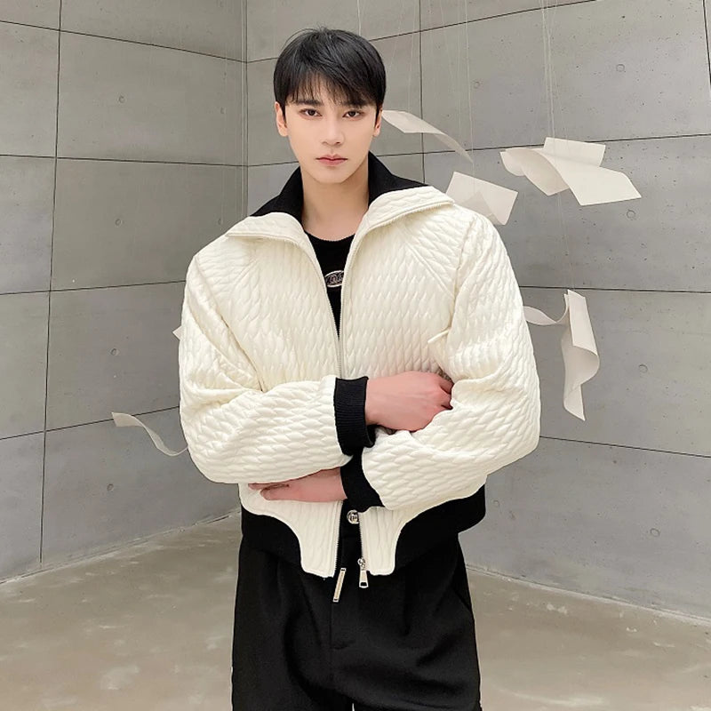 Winter Personalized Short Men's Padded Jacket Turn-down Collar Zipper Contrast Color Male Coats Niche New Fashion 9C8957