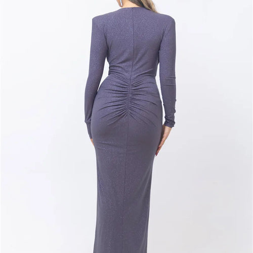 Load image into Gallery viewer, Glitter Deep V Neck Sexy Maxi Dress For Women Elegant Sparkle Long Sleeve Ruched Bodycon Split Club Party Sexy Dress
