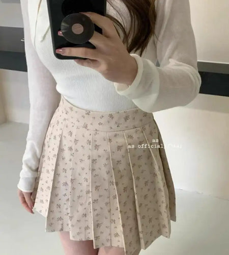 Women's Sweet White Floral Pleated Mini Skirts 2024 Summer Elegant High Waist A-line Short Skirt Fresh Style Streetwear Fashion