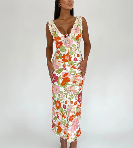Floral Print Backless Maxi Dress For Women 2023 New V Neck Sleeveless Bodycon Long Dresses Ladies Elegant Sexy Dress