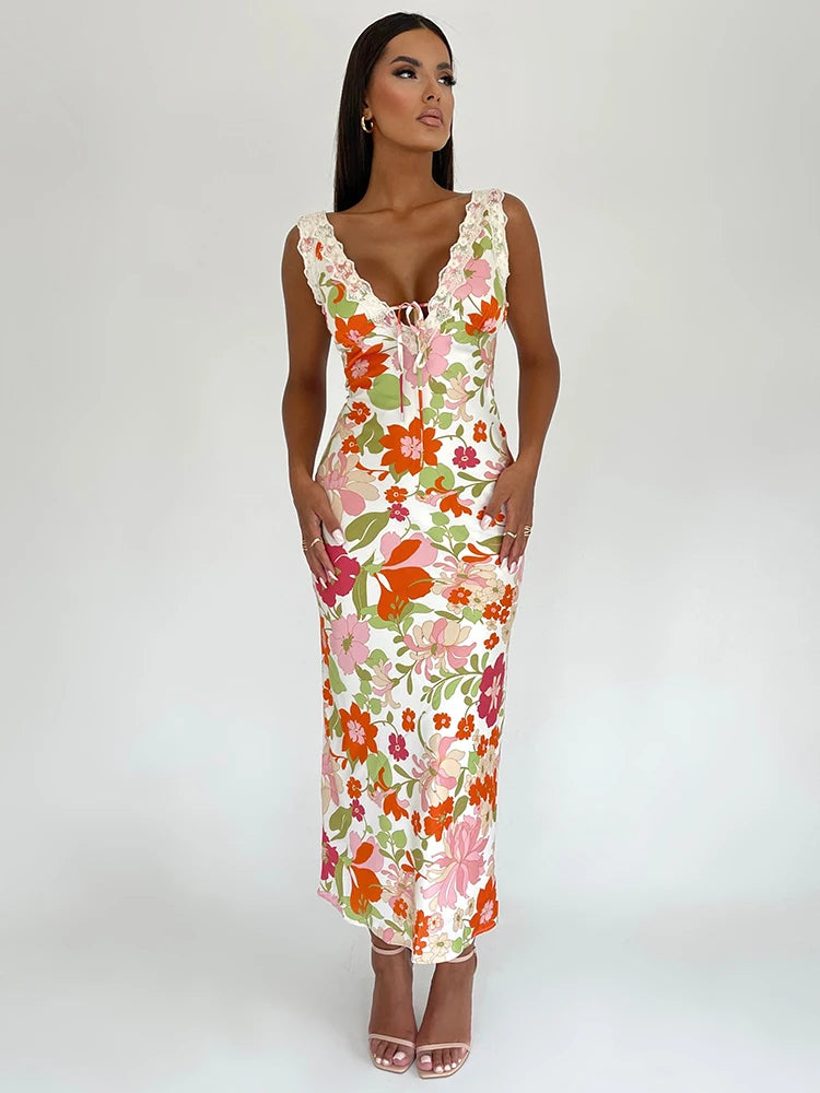 Floral Print Backless Maxi Dress For Women 2023 New V Neck Sleeveless Bodycon Long Dresses Ladies Elegant Sexy Dress