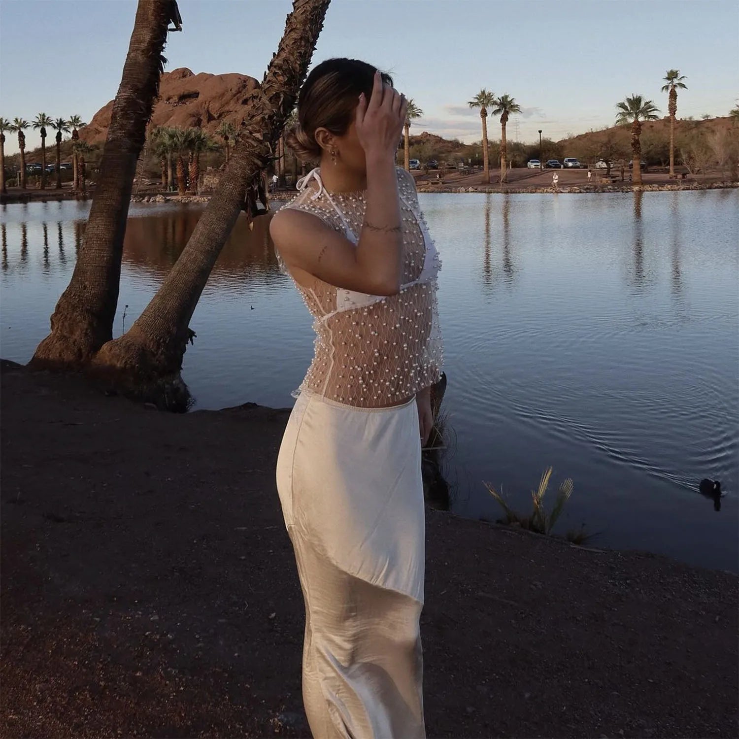 See Through Mesh Sleeveless Tops For Women Fashion Sheer Pearl Sexy Tank Tops Femme Club Party T-shirt New