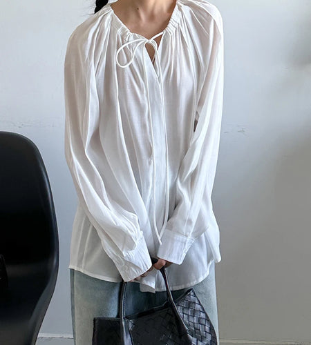 Women White Drawstring Thin Big Size Blouse New Round Neck Long Sleeve Shirt Fashion Tide Spring Autumn 2025 1DJ1398