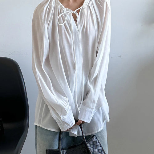 Load image into Gallery viewer, Women White Drawstring Thin Big Size Blouse New Round Neck Long Sleeve Shirt Fashion Tide Spring Autumn 2025 1DJ1398
