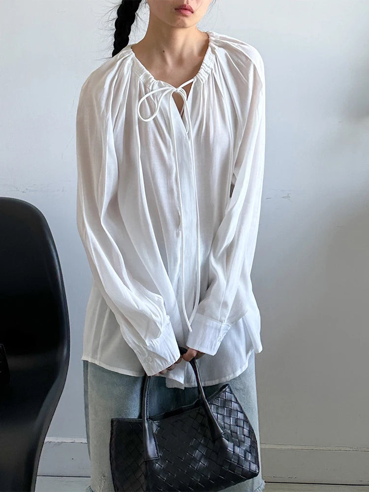 Women White Drawstring Thin Big Size Blouse New Round Neck Long Sleeve Shirt Fashion Tide Spring Autumn 2025 1DJ1398
