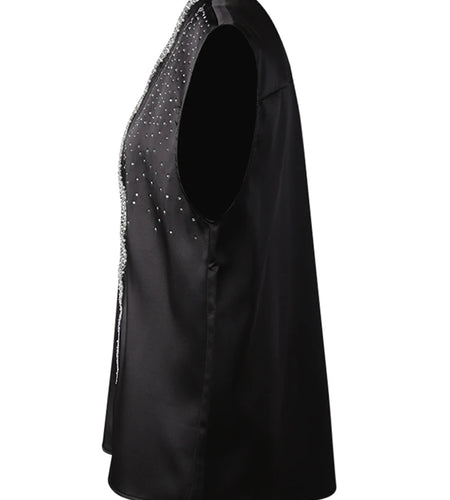 Women Pearl Nailed Rhinestones Elegant Big Size Blouse New V-neck Sleeveless Shirt Fashion Tide Spring Summer 2025 CPG306