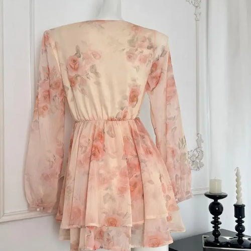 Load image into Gallery viewer, Autumn Khaki Print V-neck Elegant Long Sleeve Mini Dress French Women Vintage Sweet Pink Vacation Party Short Dress Fashion Boho
