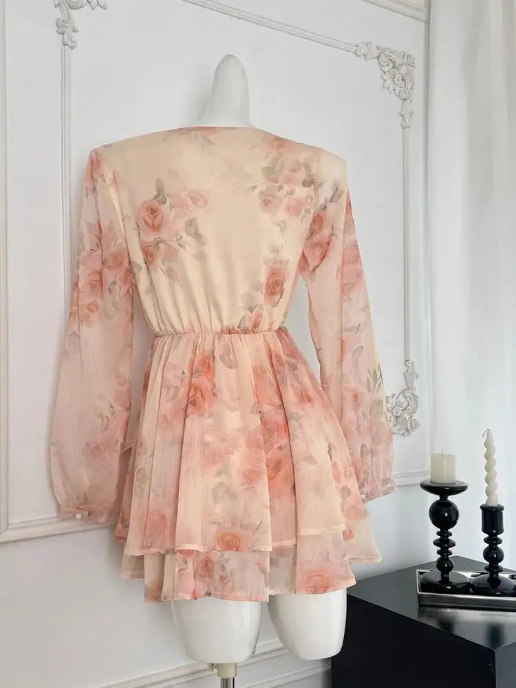 Autumn Khaki Print V-neck Elegant Long Sleeve Mini Dress French Women Vintage Sweet Pink Vacation Party Short Dress Fashion Boho