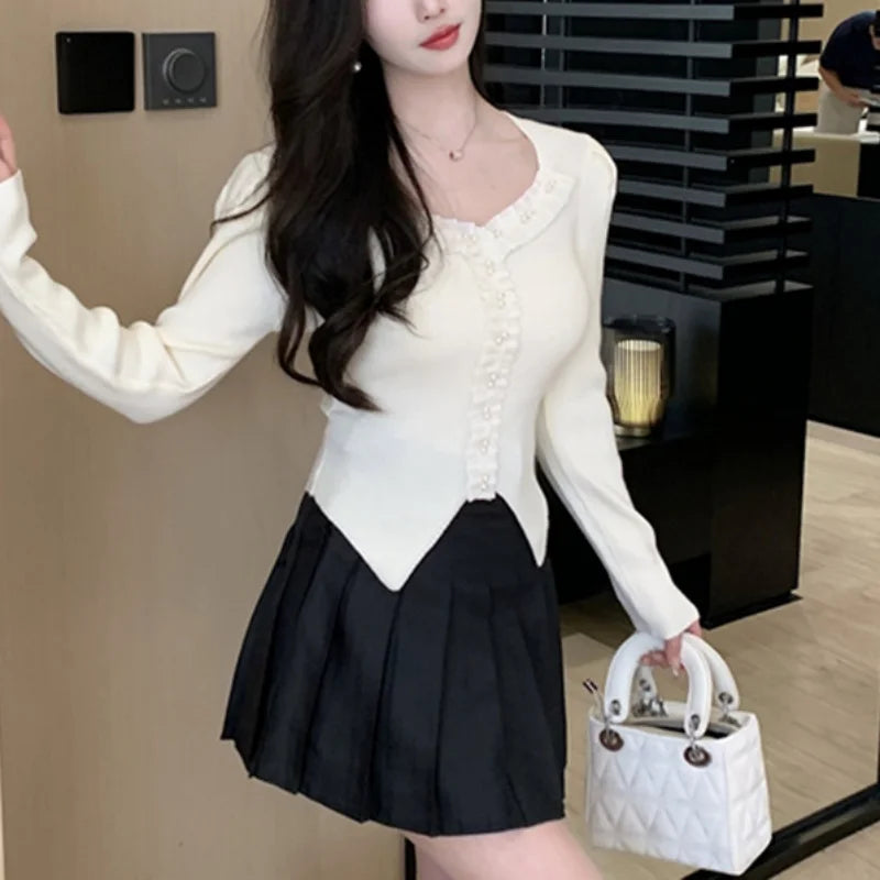 y2k Tops Women Coquette Clothing Solid Color V Neck Long Sleeve Knitted T Shirts 2000s Fairycore Clothes Streetwear