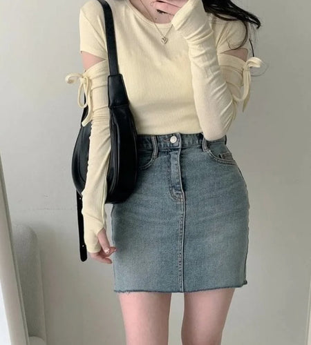 Women Bandage Harajuku Solid T Shirts Female Long Sleeve Tees  2025 Autumn T-shirt Streetwear Y2k All Match Hollow Out Tops