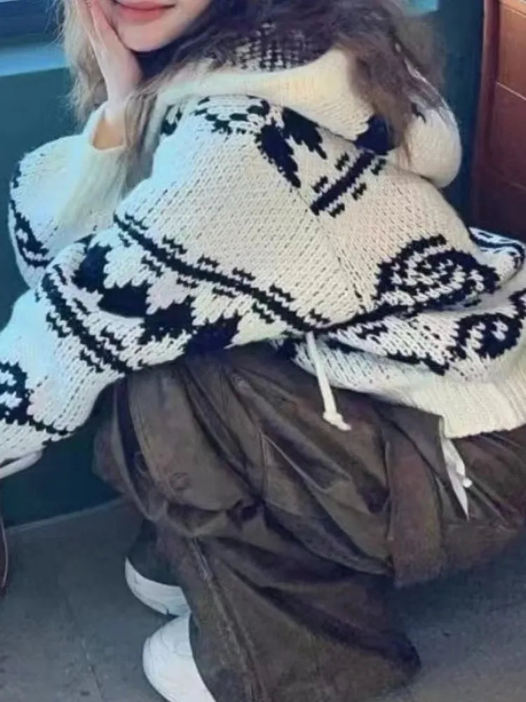 Harajuku Knitted Hooded Cardigan Women Y2k Aesthetic Zippers Casual Loose Sweater 2025 Autumn Grunge Vintage Drawstring Tops