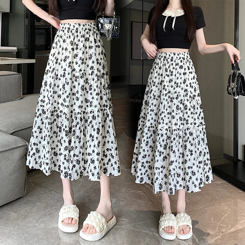 Spring Summer Women Black Beige Floral Elegant Pleated Long Skirts Vintage Elastic High Waist Vacation A-line Skirt Bohemian New
