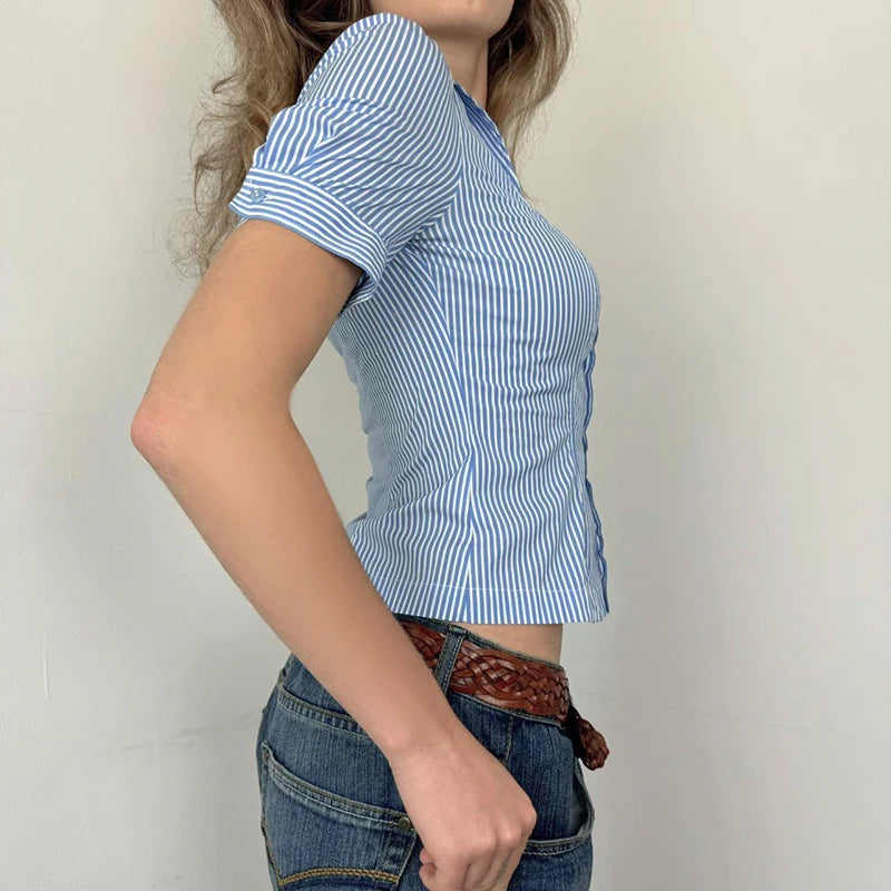 Casual Blue Striped Square Neck Slimming Shirts Women‘s Puff Short Sleeve With Breasted Blouse Summer All Match Tops
