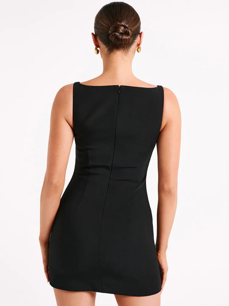 Fashion Sleeveless Sexy Mini Dress For Women Solid Color O Neck Zipper Two Layer Bodycon Club Party Dress Elegant