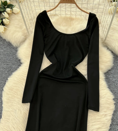 Korean Autumn 2024 New Black Elegant Long Sleeve Vacation Slim Dresses Women Square Collar Temperament Dress Fashion Simplicity