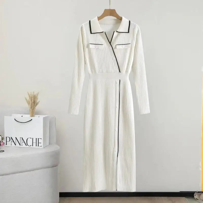 Korean Fashion 2024 Autumn Winter New Office Ladies Patchwork Elegant Long Sleeve Knitted Dress Women Slim Button Dresses Trendy