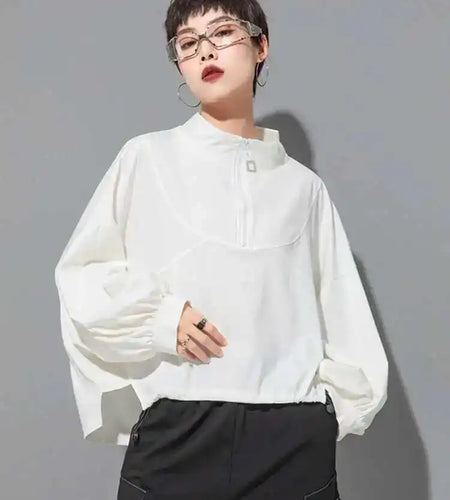 Women White Drawstring Zipper Big Size Casual T-shirt New Stand Collar Long Sleeve Fashion Tide Spring Autumn 2025 1DF6510