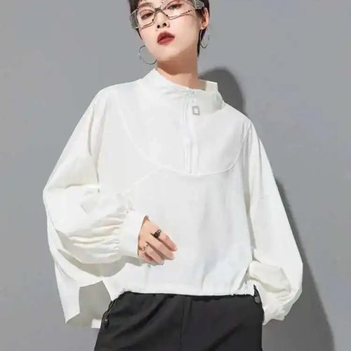Load image into Gallery viewer, Women White Drawstring Zipper Big Size Casual T-shirt New Stand Collar Long Sleeve Fashion Tide Spring Autumn 2025 1DF6510
