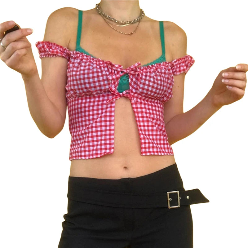 Fairy Grunge Plaid Crop Top Summer Women Short Sleeve Tie Up Bandage Vest Kawaii Off Shoulder T Shirt Female Clothes