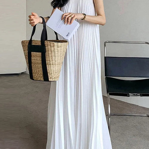 Load image into Gallery viewer, Summer Women Elegant Pleated Dresses Holiday Cocktail Party Birthday Halter Neck A-line Long White Dresses Woman
