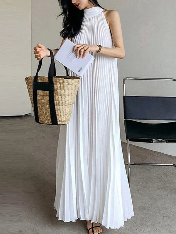 Summer Women Elegant Pleated Dresses Holiday Cocktail Party Birthday Halter Neck A-line Long White Dresses Woman
