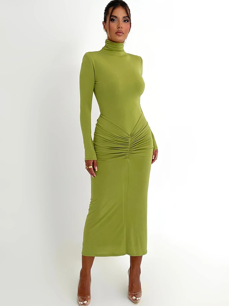 High Neck Long Sleeve Elastic Tight Dress For Women Folds Bodycon Wrap Hip Midi Dress Female Party Club Evening Dress