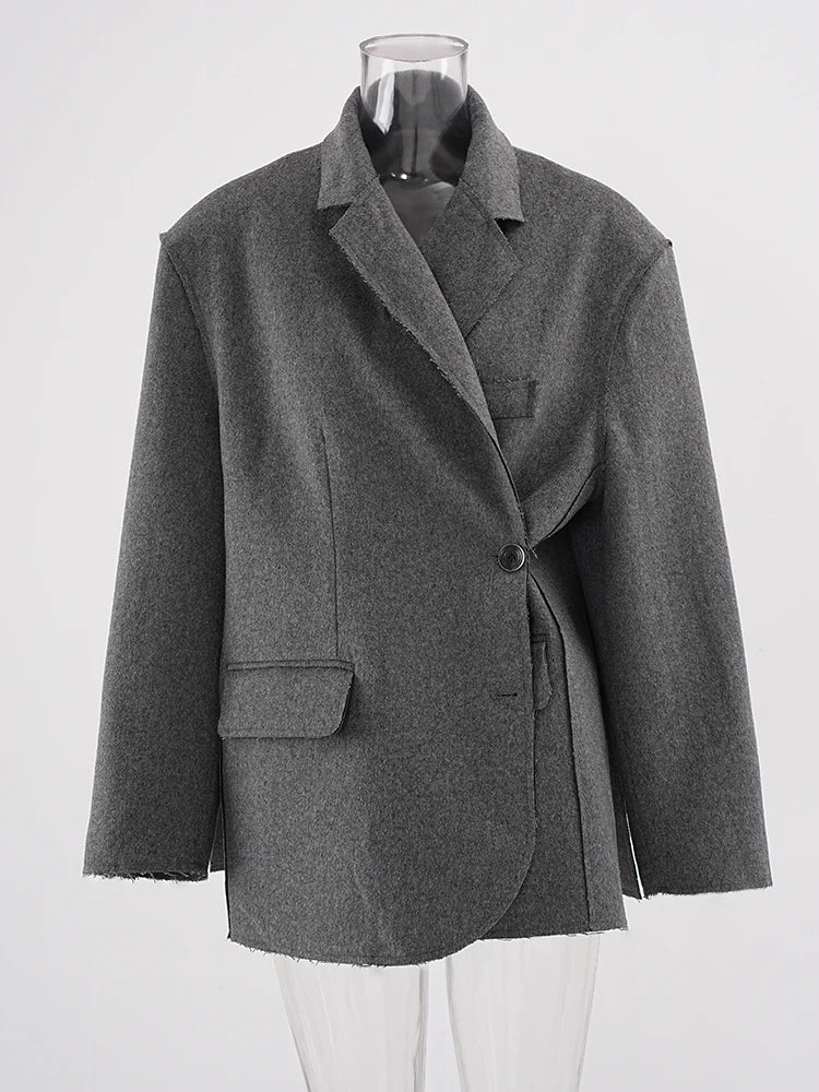 Gray Irregular Side Button Big Size Woolen Coat New Lapel Long Sleeve Women Jacket Fashion Tide Autumn Winter 2025 25A8452