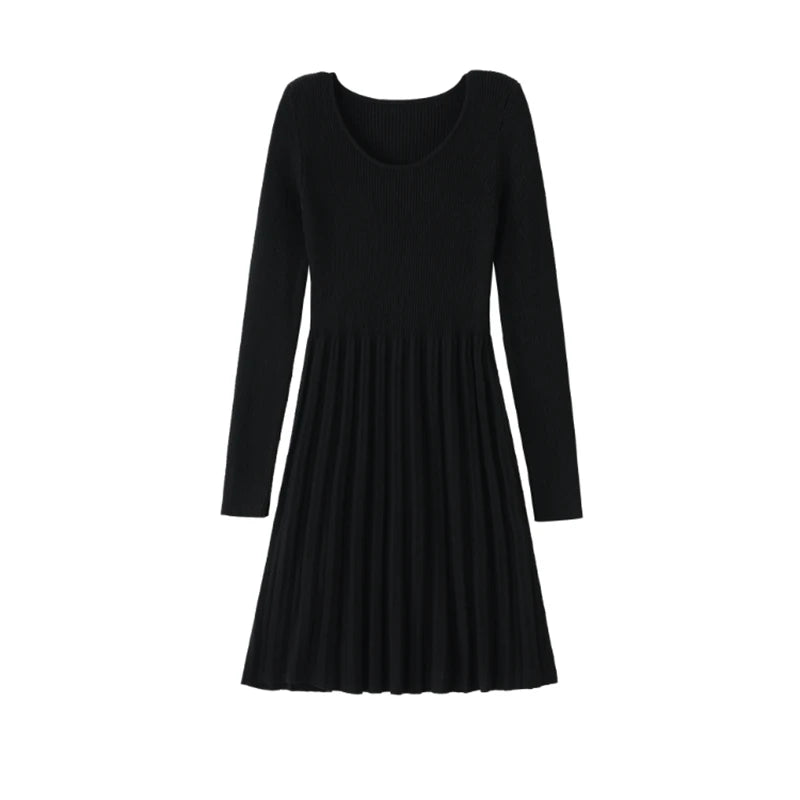 Black Elegant Knitted Pleated Mini Dress Women Gray Slim O-neck Long Sleeve Party A-line Dress 2023 Autumn Lady Streetwear Robe