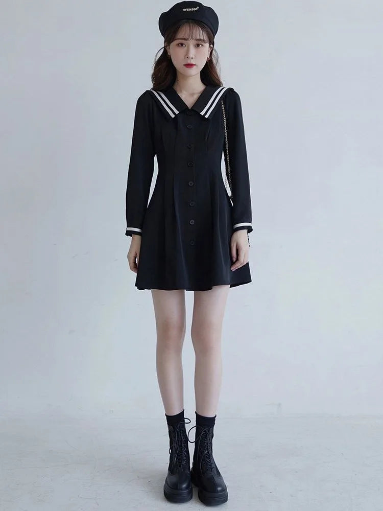 Preppy Style School Student Black Mini Dress Japanese Harajuku Long Sleeve Short Dresses Autumn Korean Fashion