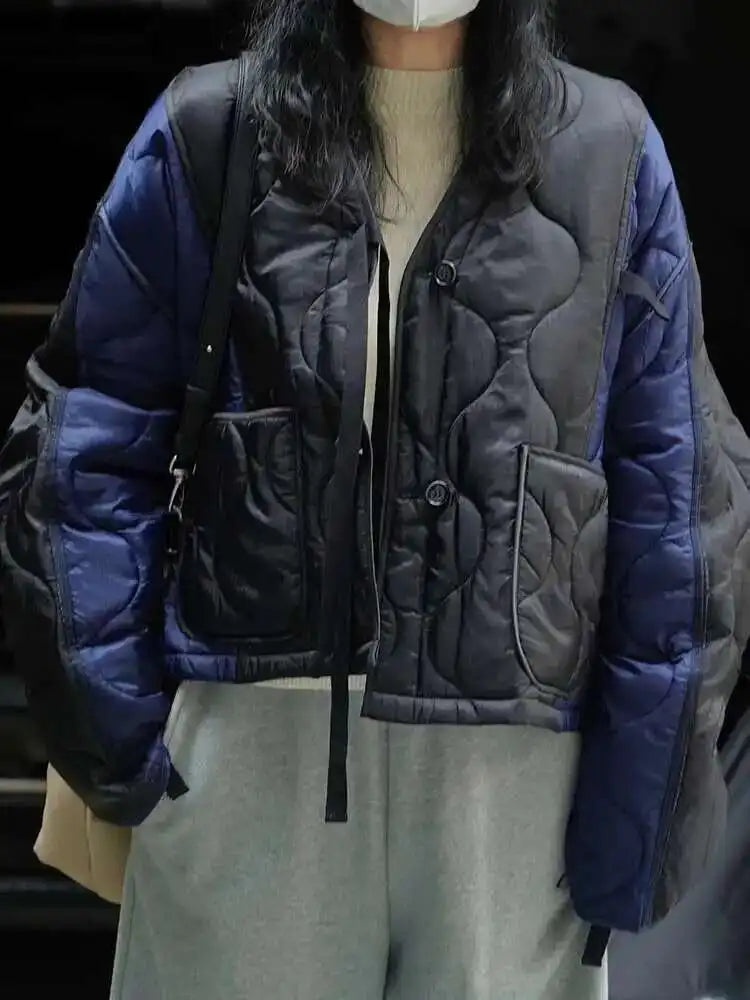 Blue Color-block Big Size Warm Cotton-padded Coat Long Sleeve Women Parkas Fashion Tide New Autumn Winter 2025 1DH2262