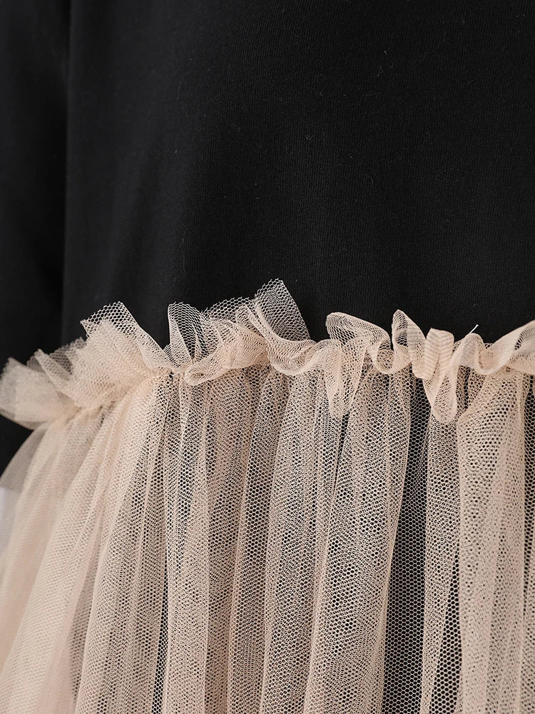 Women Black Mesh Color-block Big Size Knee-Length Dress New Round Neck Short Sleeve Fashion Spring Summer 2025 CPG3040