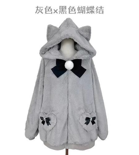 Japanese Coat Winter Women Clothing Streetwear Thicked Furry Bow Thicked Outwear Y2k Tops 2024 Ropa Mujer Hooded Casual Jackets