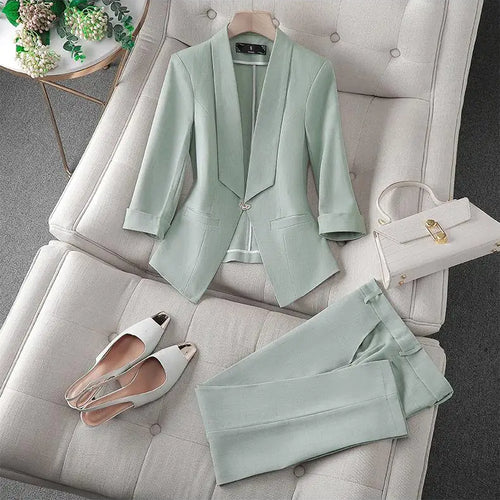 Load image into Gallery viewer, Spring Summer 2023 Flanged Casual Jacket Blazer Slim Pencil Pants Elegant Women&#39;s Pants Suit Office Manager Outfits Two Piece
