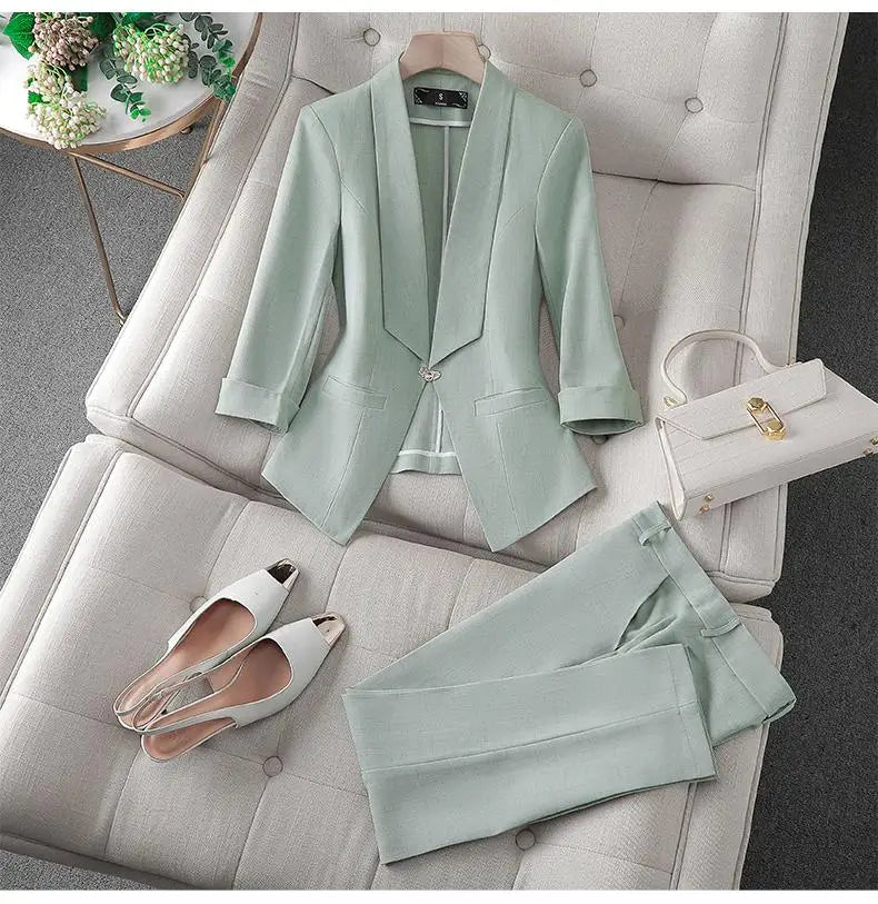Spring Summer 2023 Flanged Casual Jacket Blazer Slim Pencil Pants Elegant Women's Pants Suit Office Manager Outfits Two Piece
