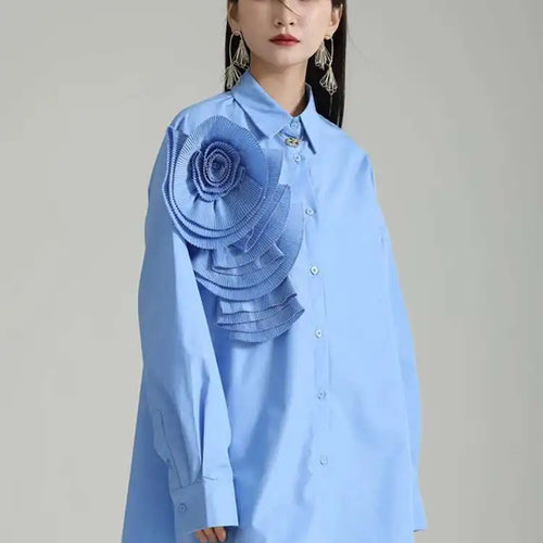 Load image into Gallery viewer, Women Blue Pleated Flower Big Size Blouse New Lapel Long Sleeve Loose Fit Shirt Fashion Tide Spring Autumn 2025 1DH0316
