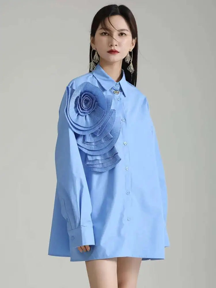 Women Blue Pleated Flower Big Size Blouse New Lapel Long Sleeve Loose Fit Shirt Fashion Tide Spring Autumn 2025 1DH0316