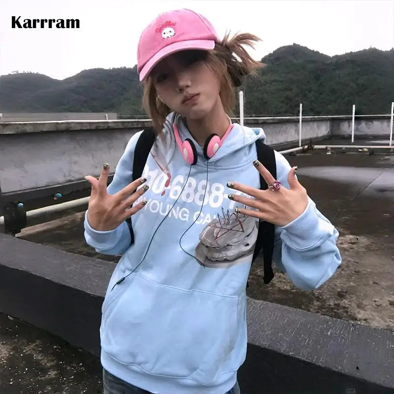 Japanese Y2k Blue Hoodies Vintage 2000s Style Sweatshirts Harajuku Aesthetics Letter Print Hooded Tops American Retro