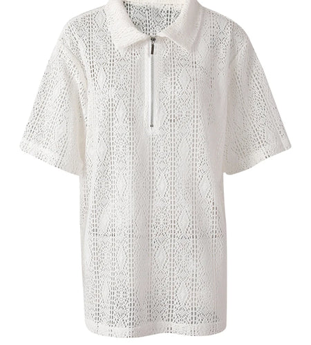 Women White Knitting Hollow Out Big Size Casual T-shirt New Lapel Short Sleeve Fashion Tide Spring Summer 2025 CPG3084