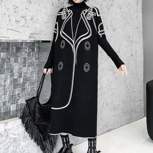 Load image into Gallery viewer, Women Black Pattern Both Side Wear Big Size Sweater Dress New Turtleneck Long Sleeve Fashion Spring Autumn 2025 1DH8332
