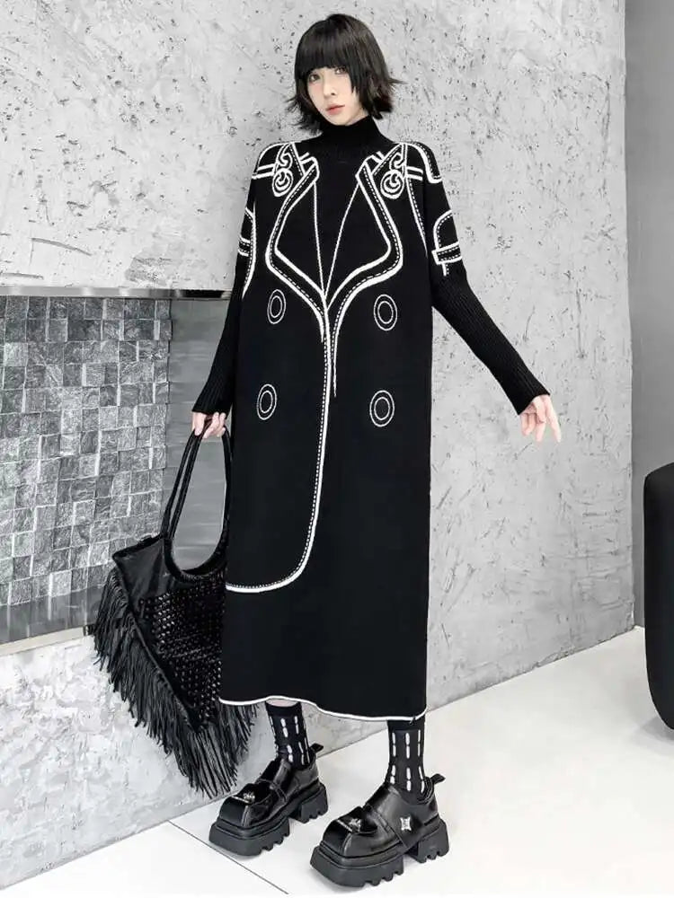 Women Black Pattern Both Side Wear Big Size Sweater Dress New Turtleneck Long Sleeve Fashion Spring Autumn 2025 1DH8332