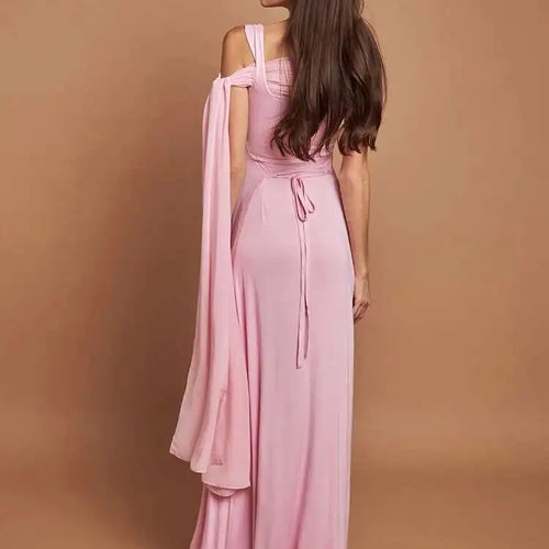 Load image into Gallery viewer, Pink Cape Sleeve Sexy Maxi Dress For Women Off-shoulder Backless Gown Elegant Skew Collar Lace-up Long Dress Vestido
