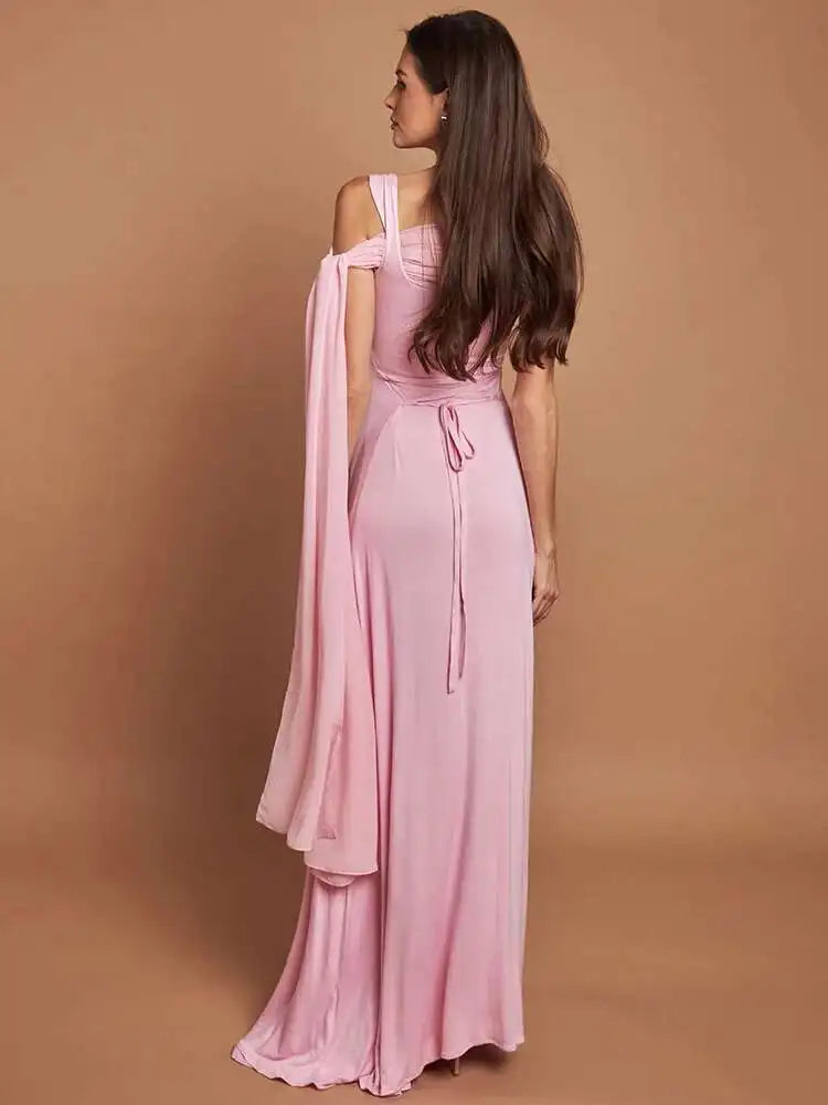 Pink Cape Sleeve Sexy Maxi Dress For Women Off-shoulder Backless Gown Elegant Skew Collar Lace-up Long Dress Vestido